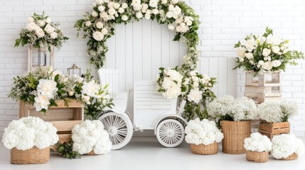 Delightful wedding setting featuring a small car adorned with flowers and baskets against a light gray backdrop, perfect for a picnic theme.