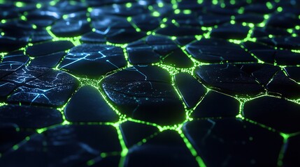 Obraz premium A futuristic matrix of microscopic circuits glowing faintly in neon green and electric blue hues