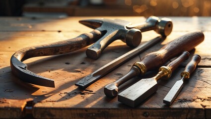 A vibrant flat lay of old hand tools: a hammer, chisel, and wooden-handled screwdrivers on a workbench