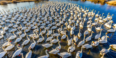 Obraz premium A large group of swans swims gracefully in a calm body of water under bright sunlight. The surrounding landscape features lush vegetation and a peaceful atmosphere, creating a stunning sight