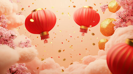 Festive Chinese Lanterns Amongst Pink Clouds and Golden Confetti