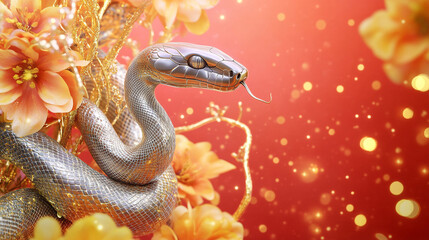 Luxurious Snake Among Golden Flowers on a Red Background