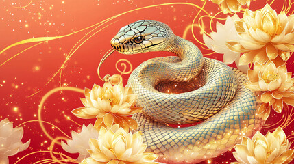 Golden Snake and Lotus Flowers, a Festive Design for Lunar New Year
