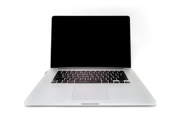 Gray laptop with black keyboard and turned off black screen wnd minimalistic design