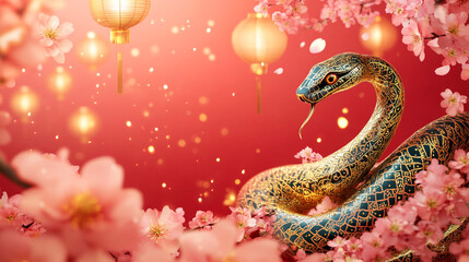 Ornate Snake Among Cherry Blossoms, Celebrating Chinese New Year