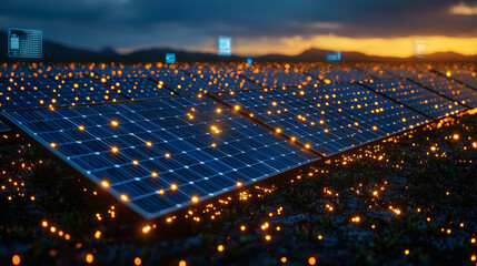 Solar Power at Dusk: A vast field of solar panels gleams under the vibrant hues of a setting sun, symbolizing the boundless potential of renewable energy.  