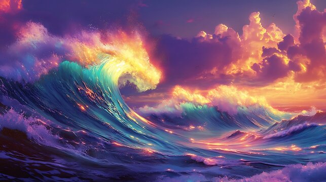 Fiery Sunset Waves Crashing Ocean Digital Art