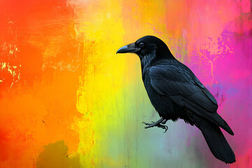 Black crow perched against a vibrant, colorful background