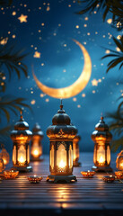 Obraz premium Ramadan product display podium background, Lantern-lit Ramadan theme, elegant brass lanterns, emitting soft, warm light, crescent moons and stars in a deep blue night sky, ad, podium platform