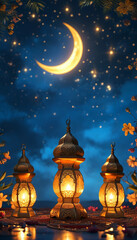 Obraz premium Ramadan product display podium background, Lantern-lit Ramadan theme, elegant brass lanterns, emitting soft, warm light, crescent moons and stars in a deep blue night sky, ad, podium platform