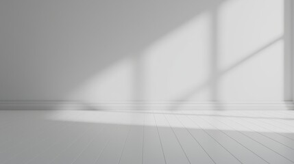 A minimalistic room with soft shadows cast by sunlight, featuring a clean white wall and wooden floor, creating a calm and serene atmosphere.