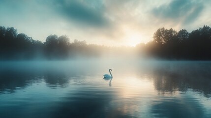 Fototapeta premium Serene Swan on Misty Lake at Sunrise