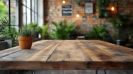 Rustic wooden table in a plant-filled cafe.