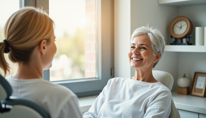 Joyful patient admiring smile in dental office, enhancing confidence
