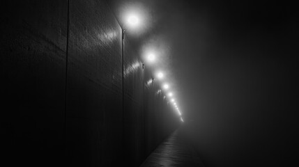 A black and white image shows a dimly lit tunnel with fog and streetlights