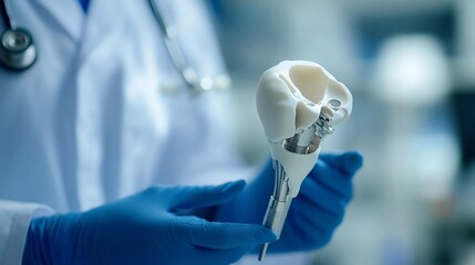 Doctor holding a prosthetic hip joint model