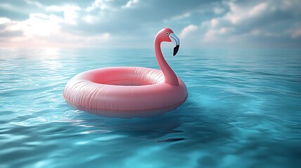 Fototapeta premium Pink flamingo inflatable ring floats on calm ocean water under a cloudy sky.