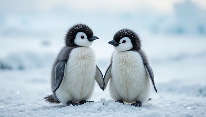 Fototapeta premium Two fluffy baby penguins are standing closely on the snow-covered ground in Antarctica. The soft, white snow surrounds them as their innocent expressions create a heartwarming scene