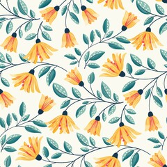 Yellow bell-shaped flowers - blue yellow cream - seamless pattern