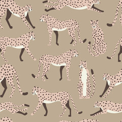 Cheetah big cat exotic seamless pattern - Mocha Mousse - hand drawn vector illustration