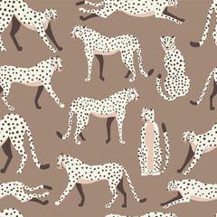 Cheetah big cat exotic seamless pattern - Mocha Mousse - hand drawn vector illustration