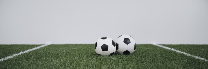 Fototapeta premium Two Soccer Balls Resting On A Green Field