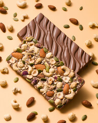 Two milk chocolate bars with nuts on beige background. Confectionery. Demonstration of sides of handmade chocolate bars. Cashews, hazelnuts, almonds, pistachios, pumpkin seeds. Sweet food concept.