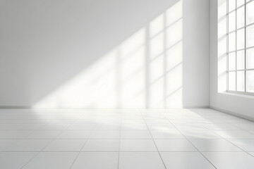 Obraz premium Bright white studio room with tiled floor and minimalist interior for product photography