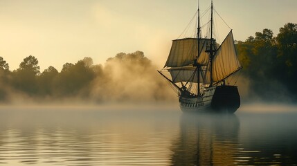 Fototapeta premium Majestic Sailing Ship In Morning Mist