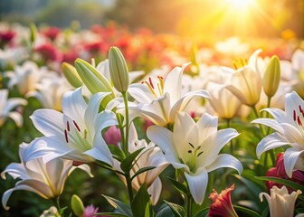 Fototapeta premium Miniature White Flower Garden: Lilies & Roses Tilt-Shift Photography