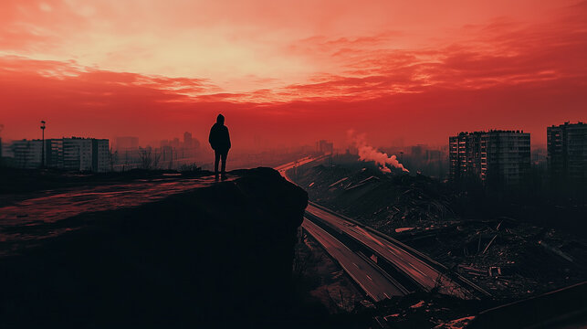 A solitary figure standing on a cliff overlooking a destroyed city, their silhouette against a crimson sky, a broken highway leading into the ruins