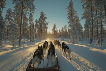 A dog sled team of huskies is running through the snow-covered forest in Lapland, Finland