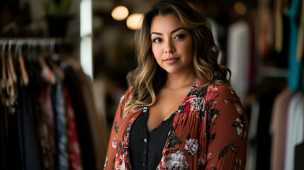 Stylish Hispanic Woman in Floral Cardigan Posing in Boutique Clothing Store