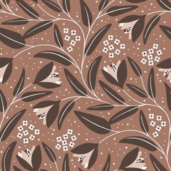 Bold seamless floral pattern featuring big blooms and delicate cream accents against a light brown background, creating a striking contrast perfect for fabric and wallpaper designs