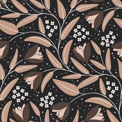 Bold seamless floral pattern featuring big blooms and delicate cream accents against a dark background, creating a striking contrast perfect for fabric and wallpaper designs