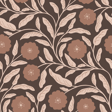 Bold Botanical Blooms on Dark brown Pattern