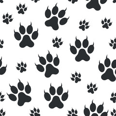 Paw Cat Footprint Pattern - Black Claw Footprints on White Background. Seamless Link.