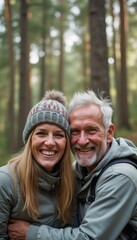 Fototapeta premium A happy older couple, a man with gray hair and a woman with long blonde hair, share a warm embrace in a lush green forest. Their genuine smiles radiate love and companionship, surrounded by towering