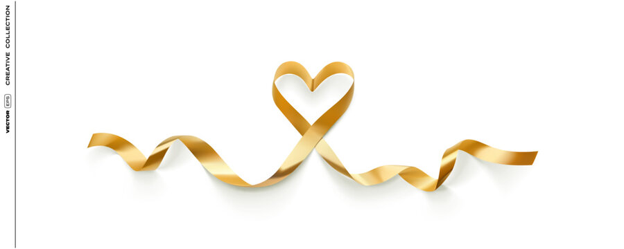 Golden ribbon in heart shape isolated on transparent background in realistic vector design. Valentin's Day, Woman's day or love marriage romantic decoration of golden ribbon heart