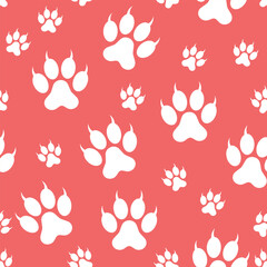 Paw Cat Footprint Pattern - White Claw Footprints on Pink Background. Seamless Link.