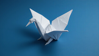 A meticulously crafted white origami crane is positioned prominently on a smooth blue surface, showcasing its delicate folds and detailed structure