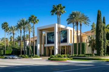 A modern, luxurious white house with large windows, surrounded by palm trees and greenery, evoking a sophisticated lifestyle.
