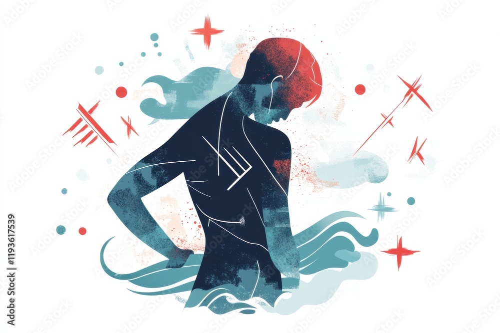 Poster person experiencing discomfort with abstract waves and geometric shapes representing pain in a surre