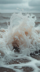 A powerful wave crashes and splashes onto the shoreline.