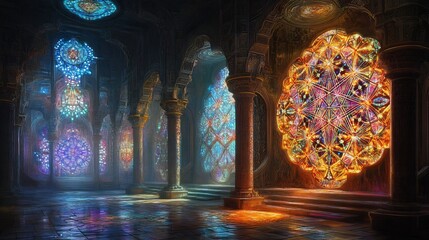 Obraz premium Depiction of sacred architecture intricate stained glass windows glowing with sacred geometry