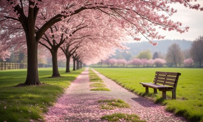 Serene park with cherry blossoms in spring