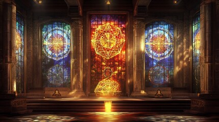 Obraz premium Depiction of sacred geometry patterns stained glass windows illuminating a sacred temple