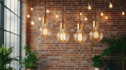 Warm lighting from vintage bulbs creates a welcoming atmosphere in a modern cafe, ideal for relaxation or work.