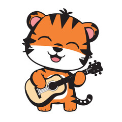 a cute cartoon tiger cub playing an acoustic guitar. It has a big smile on its face and seems to be enjoying making music. The tiger cub is orange with black stripes and has big, round eyes.