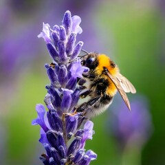 Close-up of a small bumblebee, close-up of a bumblebee, bumblebee on a lavender flower, insect on a lavender flower